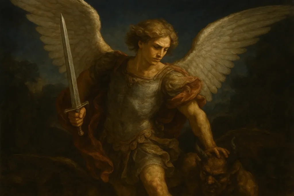 São Miguel Arcanjo em postura de combate celestial, empunhando a espada e proclamando “Quem como Deus?”, em uma pintura clássica realista.