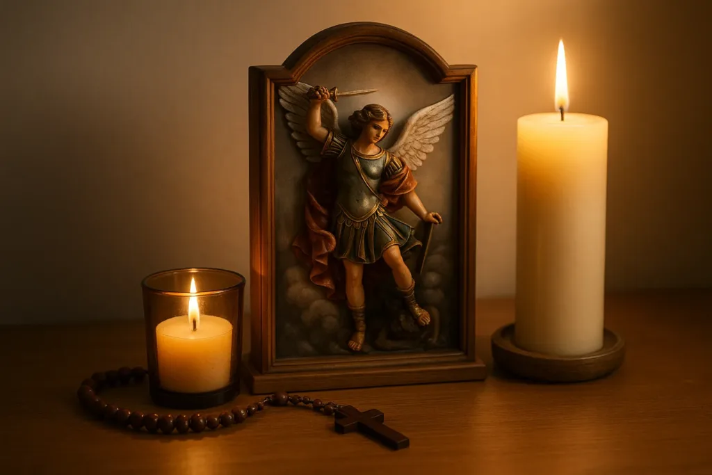 Como Montar um Altar para São Miguel em Casa Altar caseiro com imagem de São Miguel Arcanjo em moldura de madeira, ladeado por velas acesas e um terço com cruz sobre uma mesa, iluminado por luz suave em ambiente tranquilo.