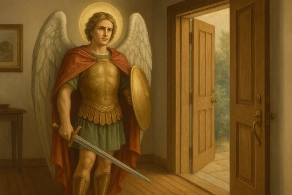 O Significado de Consagrar Sua Casa a São Miguel (E Como Fazer Isso Hoje) Imagem simbólica de São Miguel Arcanjo protegendo a entrada de uma casa com luz suave e atmosfera acolhedora.