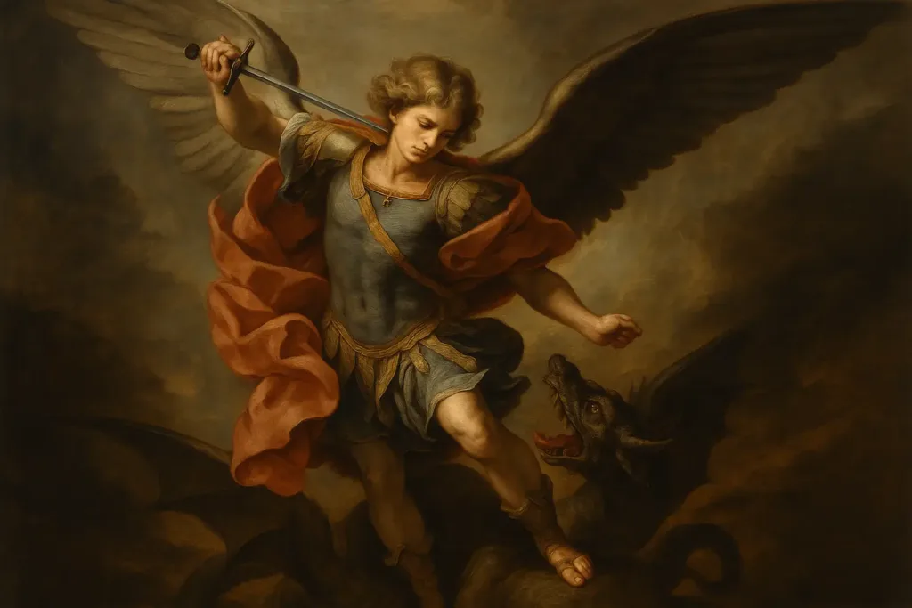A História de São Miguel e a Batalha no Céu São Miguel Arcanjo com espada erguida vencendo o dragão, em estilo barroco, representando a batalha celestial descrita no Apocalipse.