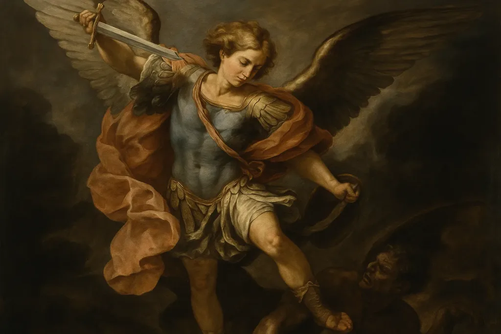 São Miguel Arcanjo em batalha celestial, empunhando espada e escudo, representando proteção e autoridade espiritual.