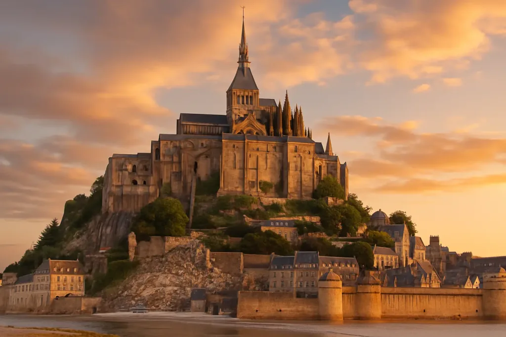 Vista panorâmica do Monte Saint-Michel ao pôr do sol, com a abadia iluminada e cercada pelas muralhas medievais da Normandia.