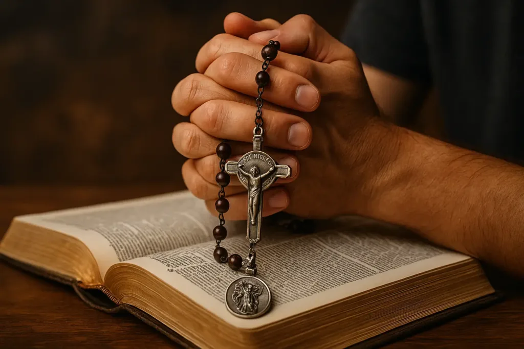 Pessoa segurando um terço em oração diante da Bíblia durante a Novena de São Miguel Arcanjo.