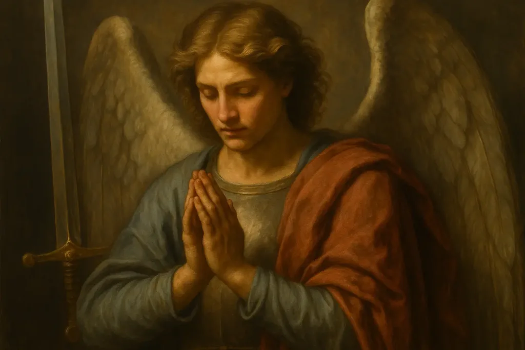 Representação realista do Arcanjo Miguel em oração silenciosa, com asas abertas e espada repousando ao lado.