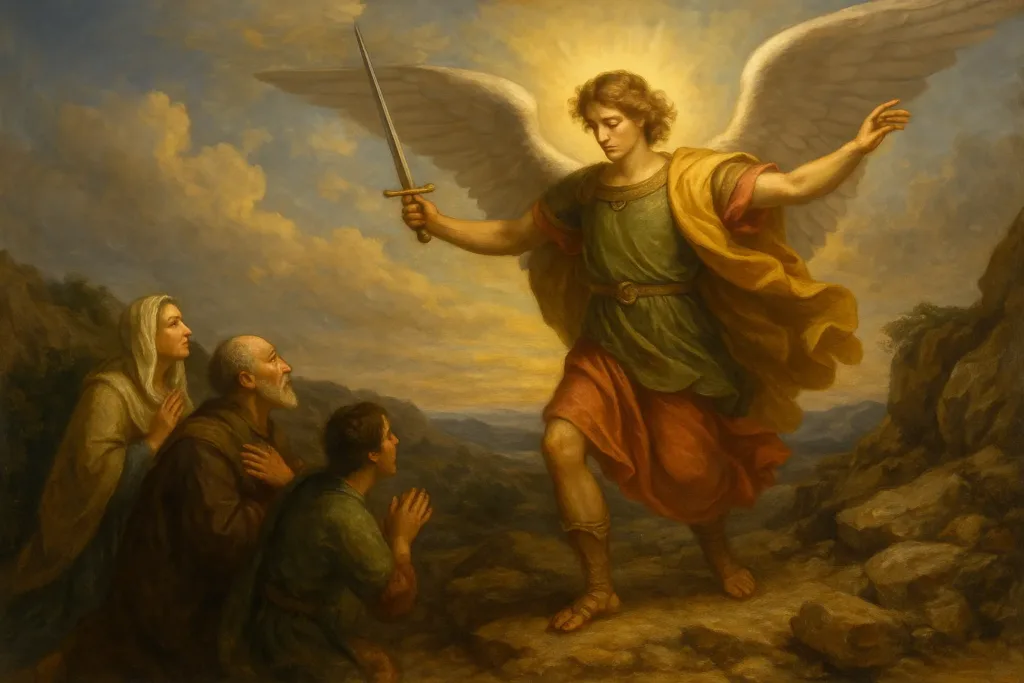 Pintura clássica de São Miguel Arcanjo aparecendo a três pessoas em uma gruta, representando a primeira aparição no Monte Gargano.