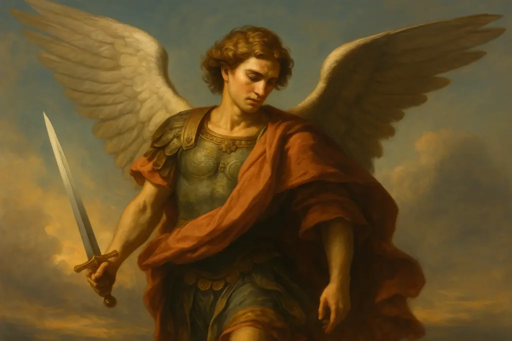 Imagem espiritual de São Miguel Arcanjo em oração durante a Quaresma, com luz suave e atmosfera de recolhimento.