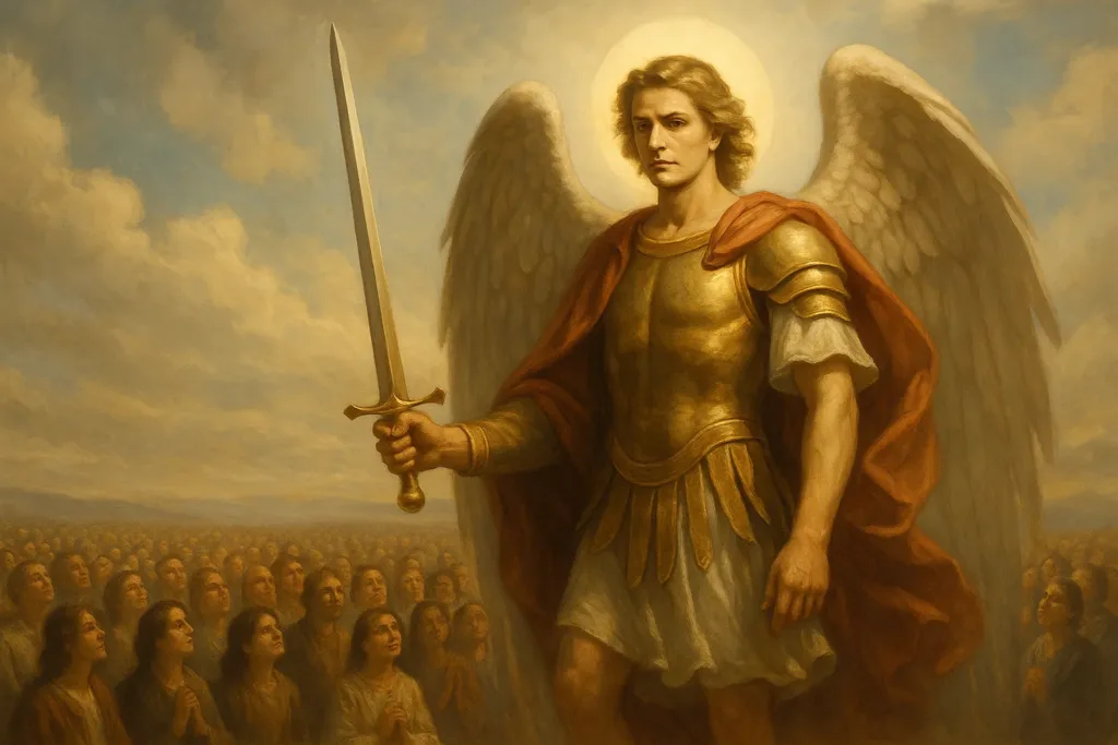 São Miguel Arcanjo na Tradição Cristã: Protetor Espiritual e Guerreiro da Fé São Miguel Arcanjo em pé sobre as nuvens, com armadura dourada e capa vermelha, segurando uma espada enquanto uma multidão o observa com fé sob uma luz celestial.