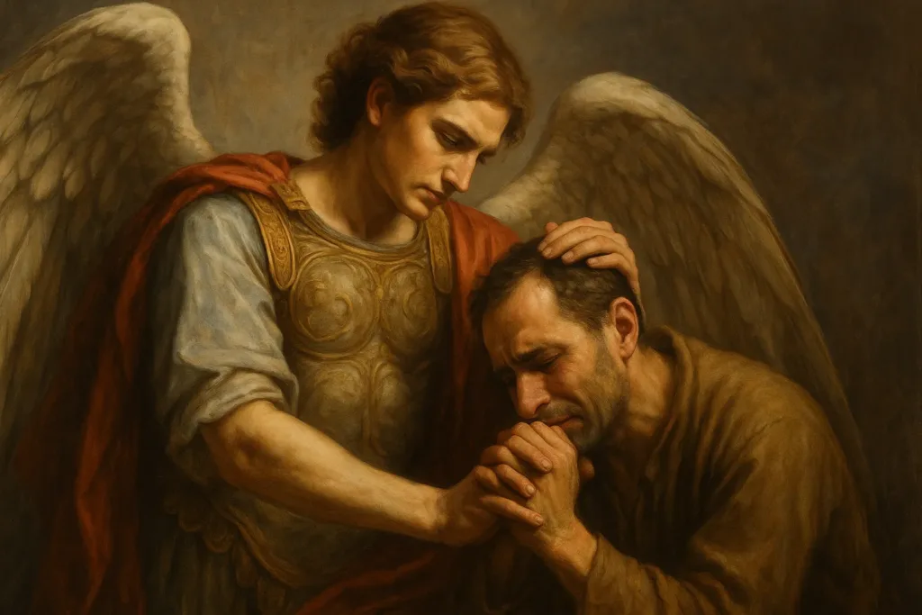 São Miguel Arcanjo conforta um homem em oração, representando apoio celestial no processo de perdão e cura interior.