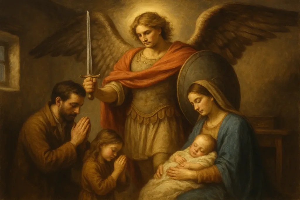 Imagem realista de São Miguel Arcanjo protegendo uma família cristã em oração, simbolizando fé, união e segurança espiritual no lar.