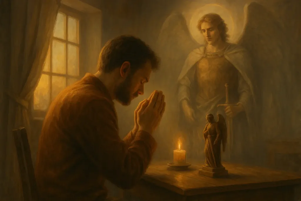 Imagem devocional ultra realista de São Miguel Arcanjo em um ambiente de oração doméstico, com atmosfera serena e espiritual.